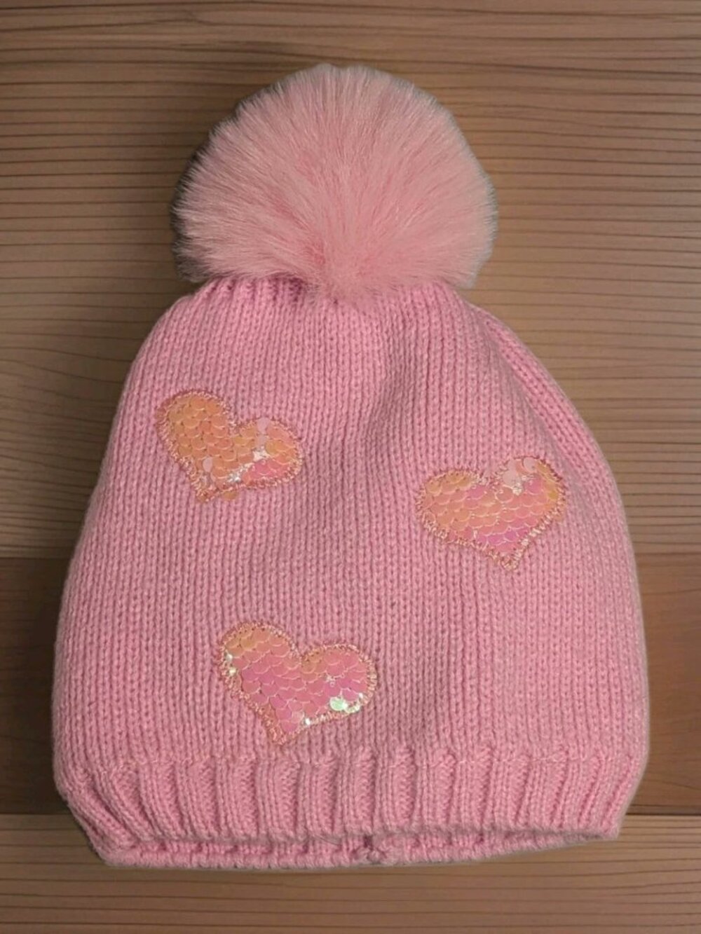 Girls Pom-Pom Beanie, Cozy Knit Winter Warm Heart Cute Hat One Size